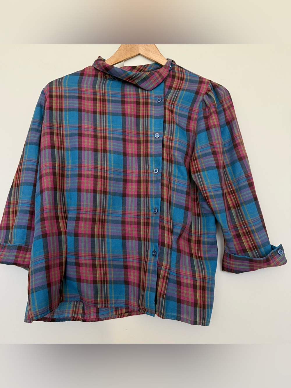 Vintage Plaid Asymmetric Button-Front 3/4 Top Blue Pink Yellow S/M
